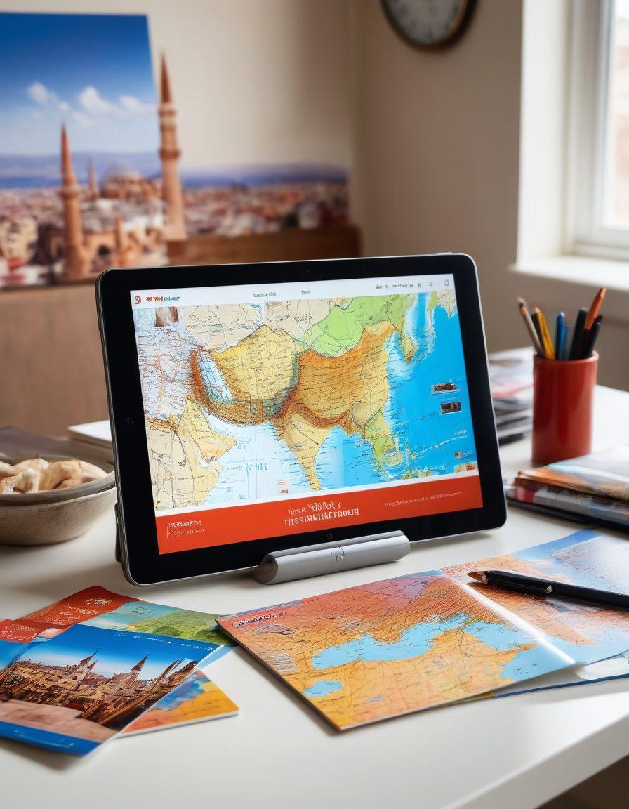 A vibrant scene of a travel agent's desk with brochures featuring affordable flight packages. In the background, a map of Turkey is beautifully displayed, along with promotional photos of famous landmarks like Cappadocia, Pamukkale, and Istanbul. A digital tablet shows flight deals being searched online, capturing the essence of travel planning. Warm colors and a sunny ambiance highlight the excitement of a Turkey vacation. super-realistic. vibrant colors. white background.