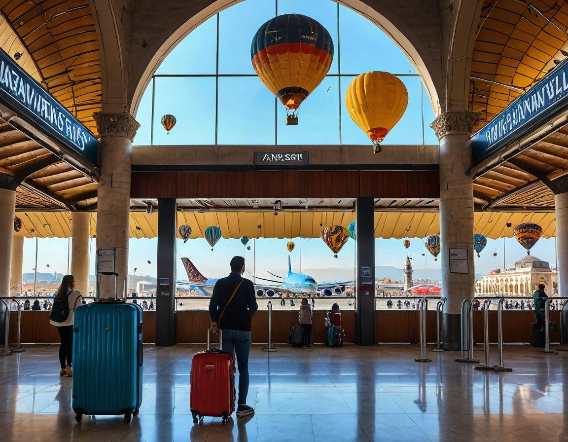 A serene airport scene in Turkey showcasing a friendly traveler checking in at the counter, surrounded by iconic Turkish landmarks like the Hagia Sophia and hot air balloons in the background. Add diverse travelers joyfully sharing their experiences, while showcasing modern luggage and boarding passes, symbolizing stress-free air travel. Bright and inviting colors. super-realistic. vibrant colors.