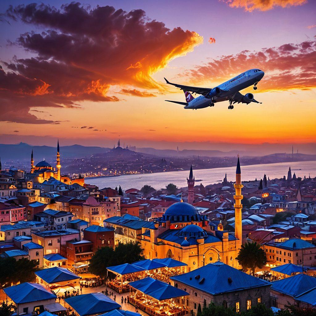 A picturesque scene of a traditional Turkish landscape with a stunning sunset over the Blue Mosque, featuring a Turkish Airlines airplane soaring gracefully in the sky. Below, a vibrant market bustling with travelers exploring local crafts and cuisine, showcasing a blend of modern travel convenience and rich cultural experiences. super-realistic. vibrant colors. 3D.